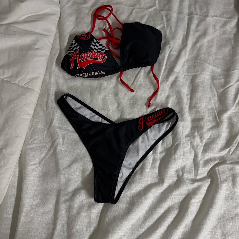 racing red and black triangle bathing suit.